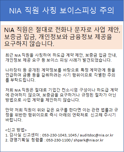 NIA 직원 사칭 보이스피싱 주의, NIA 직원은 절대로 전화나 문자로 사업제안, 보증금 입금, 개인정보화 금융정보 제공을 요구하지 않습니다. 최근 NIA 직원을 사칭하여 하도급 계약 제안, 보증금 입금 안내, 개인정보 제공 요구 등 보이스 피싱 사례가 발견되었습니다. 나라장터 등 공개된 계약정보를 바탕으로 특정 계약관계 등을 언급하며 금품 등을 갈취하려는 사기 행위이므로 각별한 주의를 부탁드립니다. 저희 NIA 직원은 절대로 기업간 컨소시엄 구성이나 하도급 계약에 관여하지 않으며, 보증금을 요구하거나 규정된 절차가 아닌  방법으로 사업 계약을 제안하지 않습니다.만약 저희 직원이 위와 같은 요구를 한다면 이는 관련 법률과 규정을 위반한 행위이므로 즉시 아래의 연락처로  신고해 주시기 바랍니다. 신고 방법 1. 감사실 신고센터 : 053-230-1043, 1045 / auditdoc@nia.or.kr 2. 경영기획실 청렴콜 : 053-230-1100 / shpark@nia.or.kr