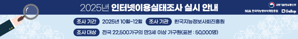 2025년 인터넷이용실태조사 실시안내, 조사기간 : 2025년 10월~12월, 조사기관 : 한국지능정보사회진흥원, 조사대상 : 전국22,500가구의 만3세 이상 가구원(표본 : 50,000명)