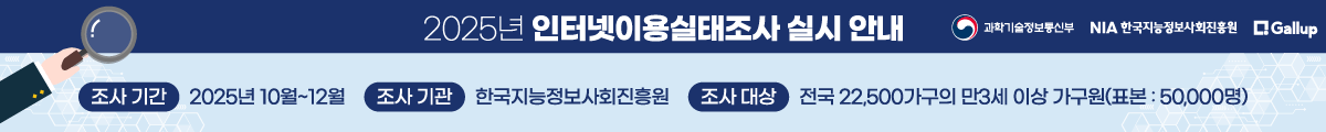 2025년 인터넷이용실태조사 실시안내, 조사기간 : 2025년 10월~12월, 조사기관 : 한국지능정보사회진흥원, 조사대상 : 전국22,500가구의 만3세 이상 가구원(표본 : 50,000명)